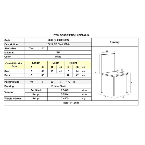 ILONA Καρέκλα-Pro Εστίασης - Catering Στοιβαζόμενη PP Άσπρο 40x47x89cm - Image 9