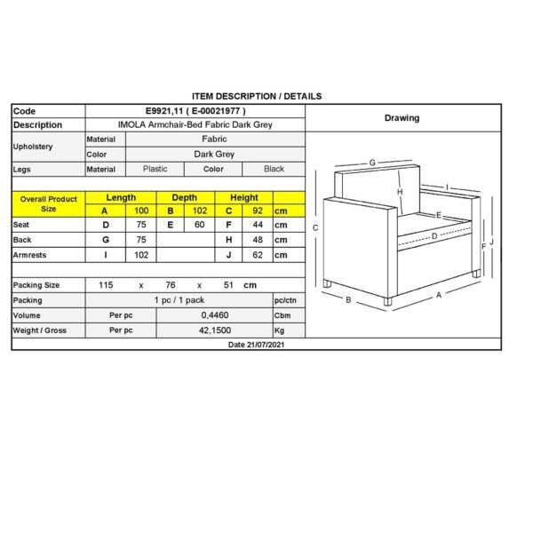 IMOLA Πολυθρόνα - Κρεβάτι Σαλονιού - Καθιστικού, Ύφασμα Σκούρο Γκρι 100x102x92(Κρεβ.75x180x44)cm - Image 21