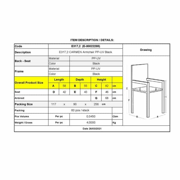 CARMEN Πολυθρόνα Τραπεζαρίας Κήπου Στοιβαζόμενη, PP - UV Protection, Απόχρωση Μαύρο 58x55x82cm - Image 12