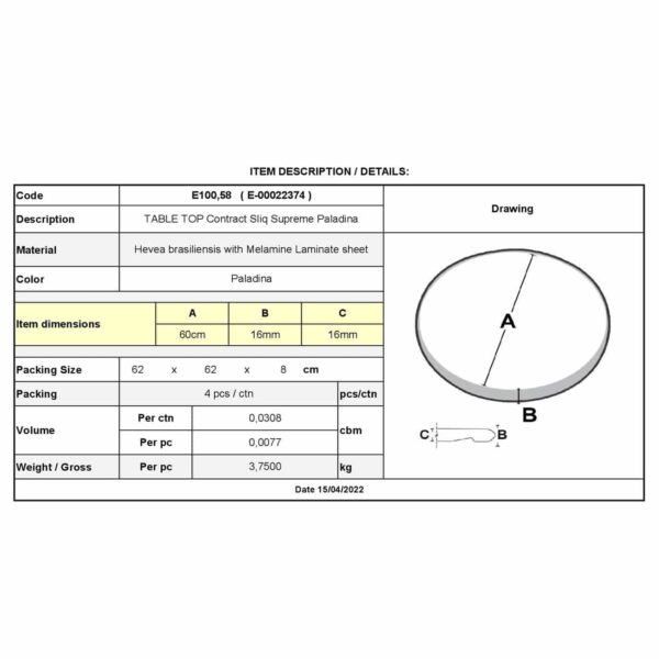 Contract Sliq Smooth Supreme Επιφάνεια Τραπεζιού τ.Werzalit Απόχρωση Paladina Φ60cm/16mm - Image 18