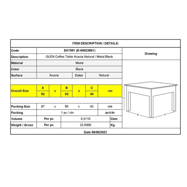 GLEN Τραπεζάκι Σαλονιού Καθιστικού, Μέταλλο Βαφή Μαύρο, Ξύλο Ακακία Φυσικό 82x82x40cm - Image 9