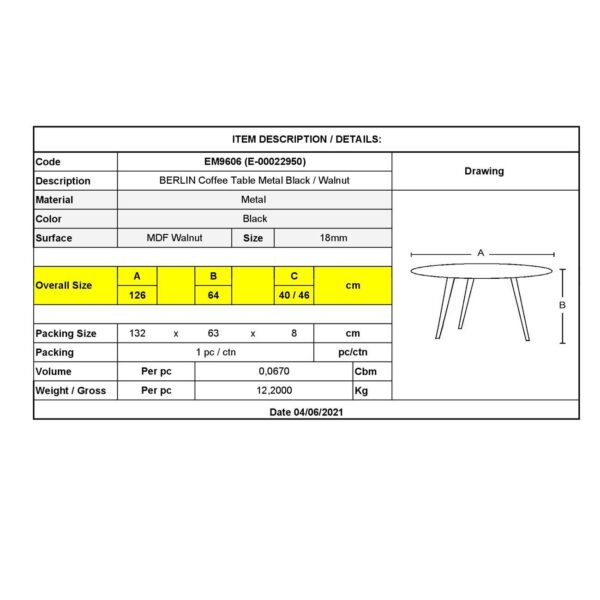 BERLIN Τραπεζάκι Σαλονιού Καθιστικού - Μέταλλο Βαφή Μαύρο - Καρυδί 126x64x40/46cm - Image 9