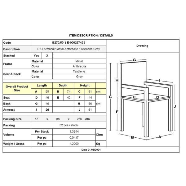 RIO Πολυθρόνα Στοιβαζόμενη Κήπου, Μέταλλο Βαφή Ανθρακί, Textilene Γκρι (4,20kg) 55x74x91cm - Image 18