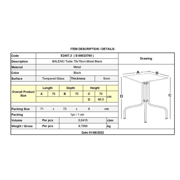BALENO Τραπέζι Κήπου - Βεράντας, Μέταλλο Βαφή Μαύρο, Γυαλί Tempered 70x70x70cm - Image 9
