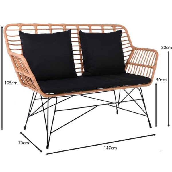 SALSA MAX Living Καναπές Κήπου 2Θέσιος, Μέταλλο Βαφή Μαύρο, Wicker Φυσικό, Μαξιλάρια Μαύρο 147x70x105cm - Image 12