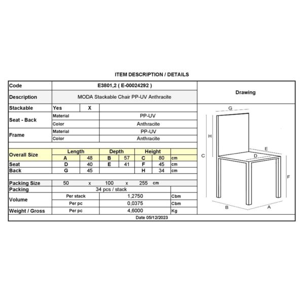 MODA Καρέκλα-Pro Στοιβαζόμενη PP - UV Protection, Απόχρωση Ανθρακί 48x57x80cm - Image 18