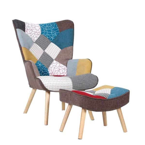 ALMA Πολυθρόνα - Μπερζέρα με Σκαμπό - Υποπόδιο Φυσικό Ύφασμα Patchwork, K/D 69x76x97cm / 52x38x35cm - Image 6