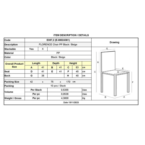 FLORENCE Καρέκλα PP Μαύρο, PP Rattan Μπεζ, Στοιβαζόμενη 41x41x83cm - Image 18