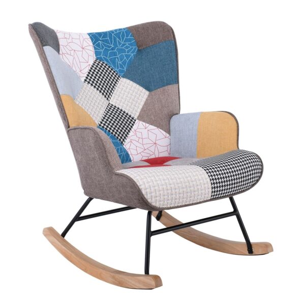 ALMA Rocking Πολυθρόνα Μπερζέρα Καθιστικού, Ύφασμα Patchwork, Βάση Μαύρο-Φυσικό 67x86x92cm - Image 14