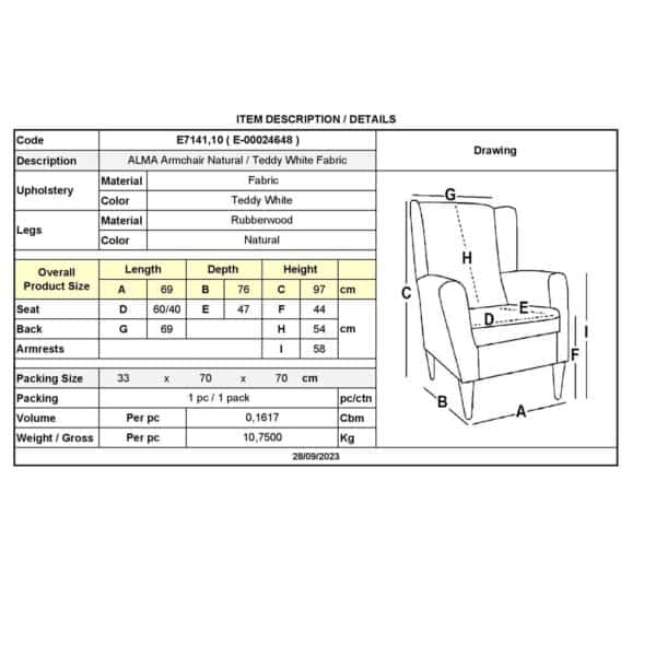 ALMA Πολυθρόνα - Μπερζέρα Σαλονιού - Καθιστικού Φυσικό, Teddy Ύφασμα Άσπρο, K/D 69x76x97cm - Image 9