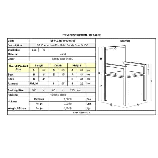 BRIO Πολυθρόνα-Pro Στοιβαζόμενη, Μέταλλο Βαφή Sandy Blue 5415C 57x58x84cm - Image 9