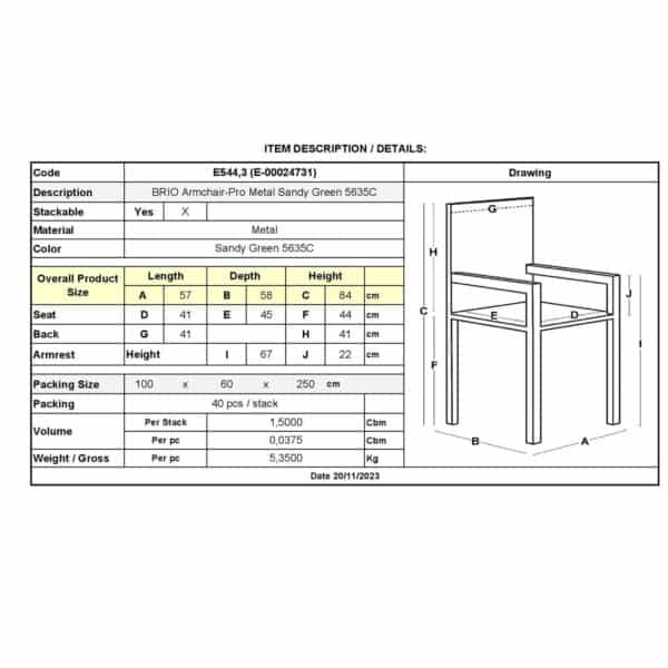 BRIO Πολυθρόνα-Pro Στοιβαζόμενη, Μέταλλο Βαφή Sandy Green 5635C 57x58x84cm - Image 9