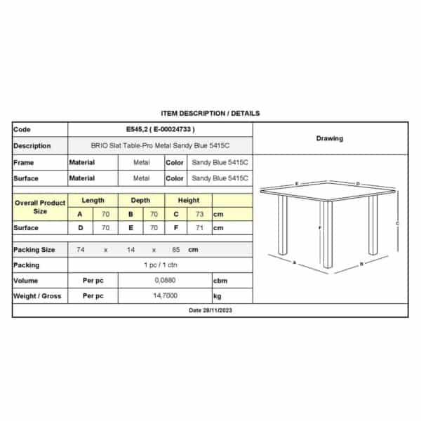 BRIO Slat Τραπέζι-Pro Κήπου - Βεράντας, Μέταλλο Βαφή Sandy Blue 5415C 70x70x73cm - Image 9