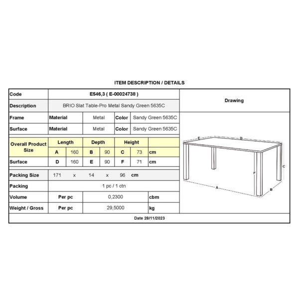 BRIO Slat Τραπέζι-Pro Κήπου - Βεράντας, Μέταλλο Βαφή Sandy Green 5635C 160x90x73cm - Image 9