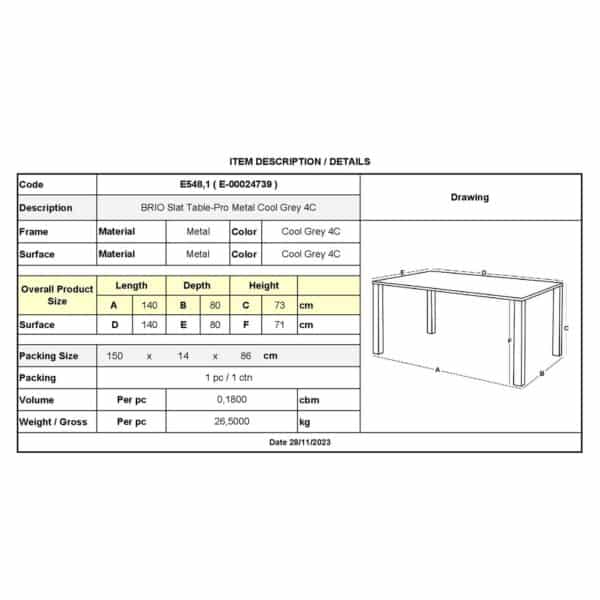 BRIO Flat Τραπέζι-Pro Κήπου - Βεράντας, Μέταλλο Βαφή Cool Grey 4C 140x80x73cm - Image 9