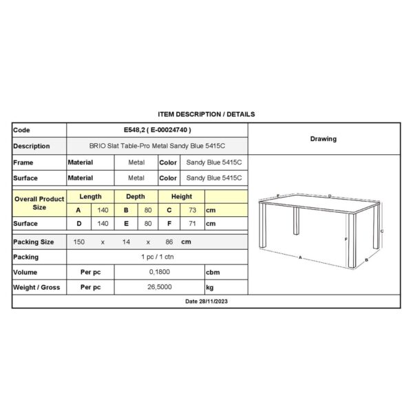 BRIO Flat Τραπέζι-Pro Κήπου - Βεράντας, Μέταλλο Βαφή Sandy Blue 5415C 140x80x73cm - Image 9