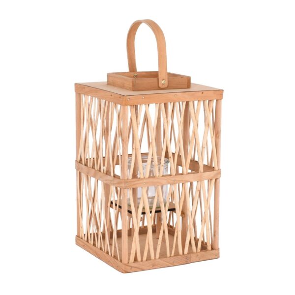 LANTERN SQUARE Φανάρι Κήπου- Βεράντας Ξύλινο, Απόχρωση Φυσικό, με Γυάλινο ποτήρι 24x24x41cm - Image 6