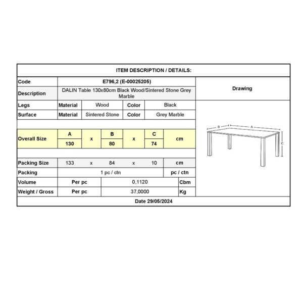 DALIN Τραπέζι Τραπεζαρίας- Κουζίνας, Ξύλο Μαύρο-Επιφάνεια Sintered Stone Grey Marble 130x80x74cm - Image 9