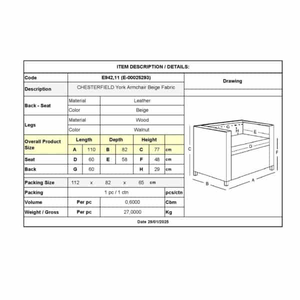 CHESTERFIELD York Πολυθρόνα Σαλονιού - Καθιστικού, Ύφασμα Απόχρωση Μπεζ 110x82x77cm - Image 9