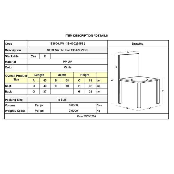 SERENATA Καρέκλα, Στοιβαζόμενη PP - UV Άσπρο 45x58x81cm - Image 9