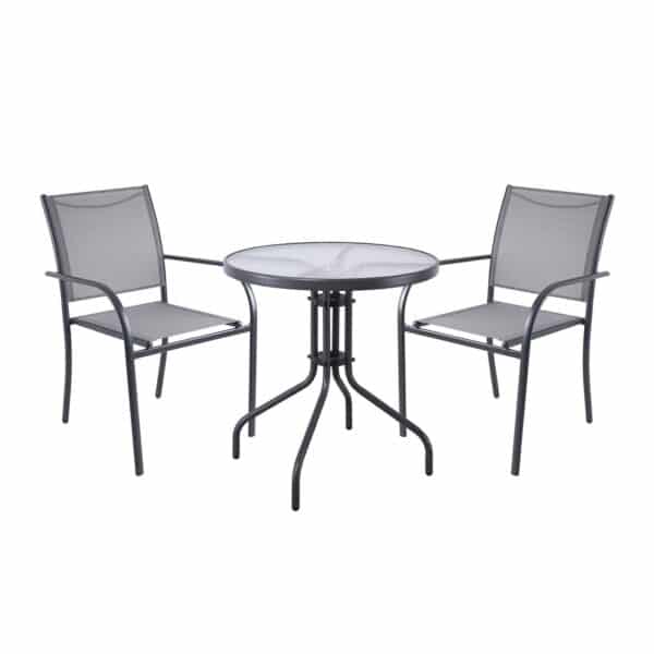 LANGLEY Set Κήπου: Τραπέζι + 2 Πολυθρόνες Στοιβαζόμενες Μέταλλο Ανθρακί,Textilene Γκρι Table:Φ60x70cm Chair:55x68x87 - Image 6