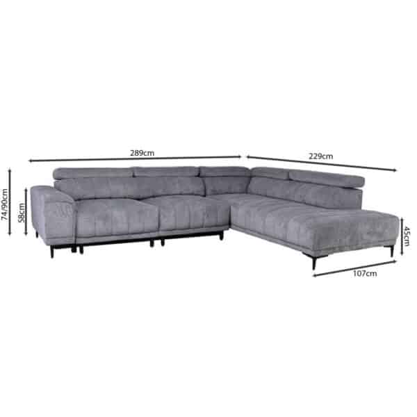 MASSIMO Καναπές Αριστερή Γωνία Ηλεκτρικά Συρόμενα Καθίσματα, Ύφασμα Water Repellent Γκρι 289x229x107cm H.74/90cm - Image 22
