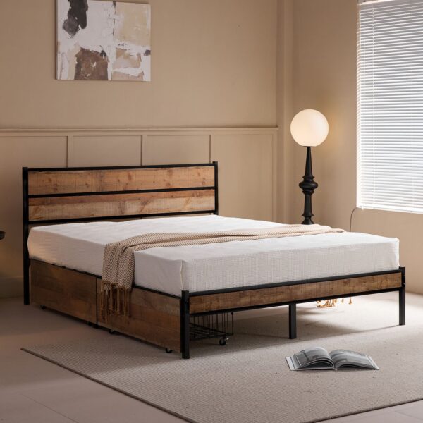 PALLET Κρεβάτι Διπλό-Συρτάρια, για Στρώμα 160x200cm, Μέταλλο Βαφή Μαύρο, Antique Oak 162x207x95cm - Image 10