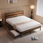 PALLET Κρεβάτι Διπλό-Συρτάρια, για Στρώμα 160x200cm, Μέταλλο Βαφή Μαύρο, Antique Oak 162x207x95cm - Image 11