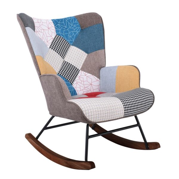 ALMA Rocking Πολυθρόνα Μπερζέρα Καθιστικού, Ύφασμα Patchwork, Βάση Μαύρο-Καρυδί 67x86x92cm - Image 6