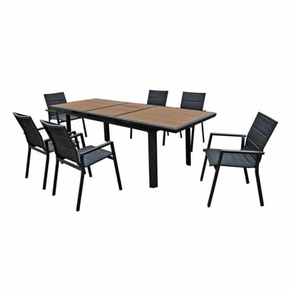 NAPOLI Set Dining ALU Κήπου: 6 Πολυθρόνες + Τραπέζι Επεκτ/νο Μαύρο-Καρυδί-Textilene Ανθρακί Tab:186+60x95x77Chair:59x62x90 - Image 6