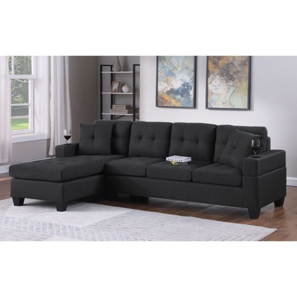 JORDAN Καναπές Σαλονιού Γωνία Αναστρέψιμος, Ύφασμα Μαύρο, Μπράτσα με ποτηροθήκες 245x147x76cm H.83cm - Image 2