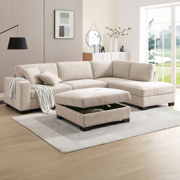 DORNO Καναπές Σαλονιού Αριστερή Γωνία με Αποθηκευτικό Σκαμπό, Ύφασμα Μπεζ 308x207/98xH91cm, 98x98x50cm - Image 3