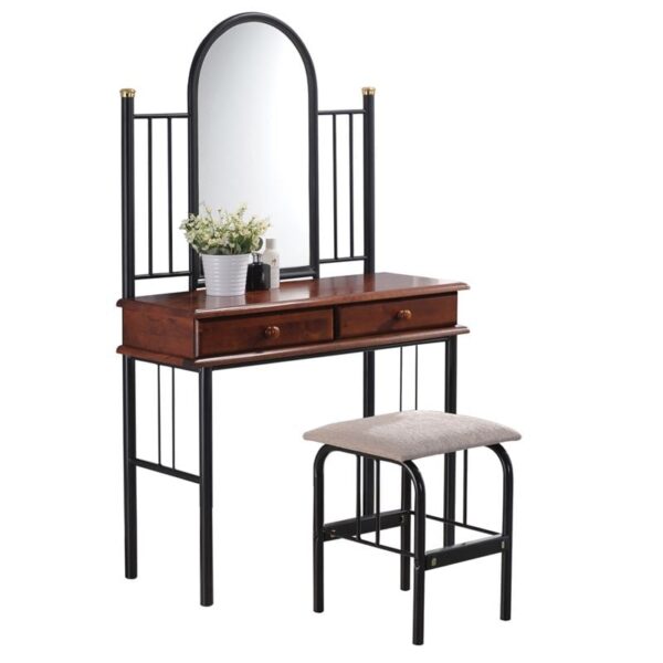 FLORA SET Τουαλέτα με Καθρέπτη + Σκαμπό 2 Συρτάρια, Μέταλλο Βαφή Μαύρο, Ξύλο Καρυδί 90x37x148cm - Stool:40x34x47cm - Image 7