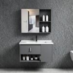 IDEA-2 Set Έπιπλο Μπάνιου Γκρι, Καθρέπτης + Πάγκος με Νιπτήρα και Μπαταρία Up:55x11x60cm Down:60x47x45cm