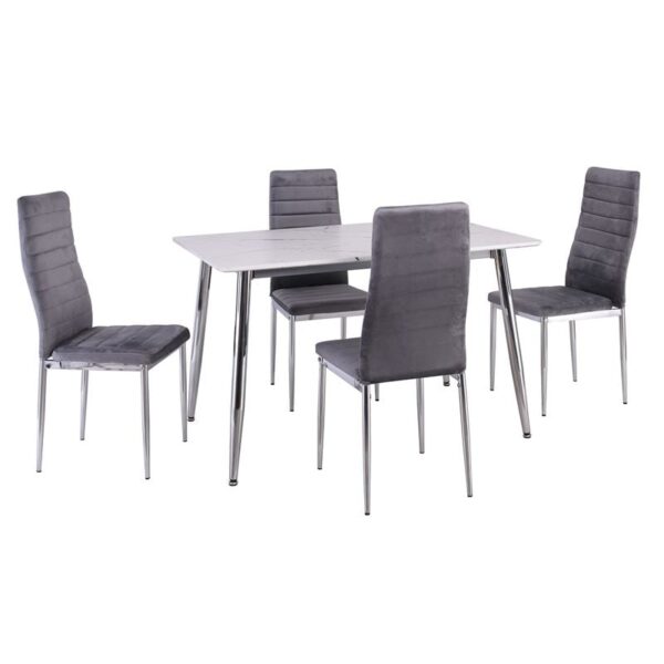 JETTA-DATUM Τραπεζαρία Κουζίνας Χρώμιο, Τραπέζι Mdf Άσπρο + 4 Καρέκλες Velure Γκρι Table:120x80x75 Chair:40x50x95 - Image 5
