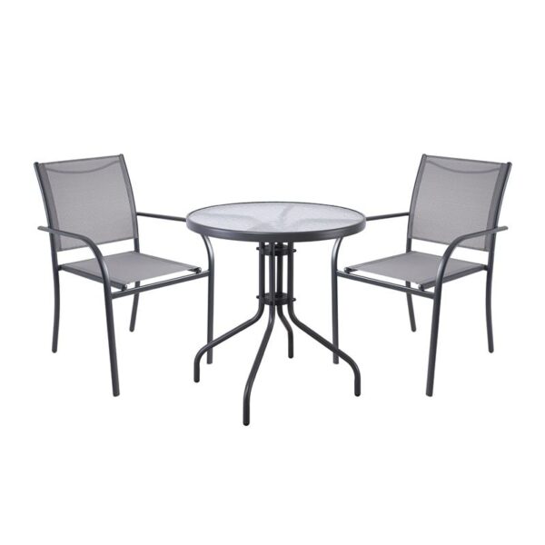 LANGLEY Set Κήπου: Τραπέζι + 2 Πολυθρόνες Στοιβαζόμενες Μέταλλο Ανθρακί,Textilene Γκρι Table:Φ60x70cm Chair:55x68x87 - Image 5