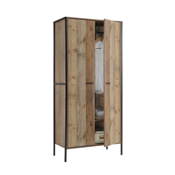 PALLET-W Ντουλάπα Δίφυλλη, 2 Ράφια, Κρεμάστρα, Μέταλλο Βαφή Μαύρο, Απόχρωση Antique Oak 84x52x180cm - Image 5