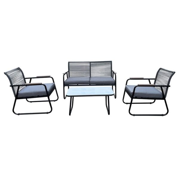 ROCCO Set Σαλόνι Κήπου 4τεμ, Μέταλλο Μαύρο,RopeWicker Γκρι, Μαξιλ.Σκούρο Γκρι, Γυαλί Μαύρο 2 Πολυθρ+1 Καναπ+1 Τραπεζάκι - Image 7