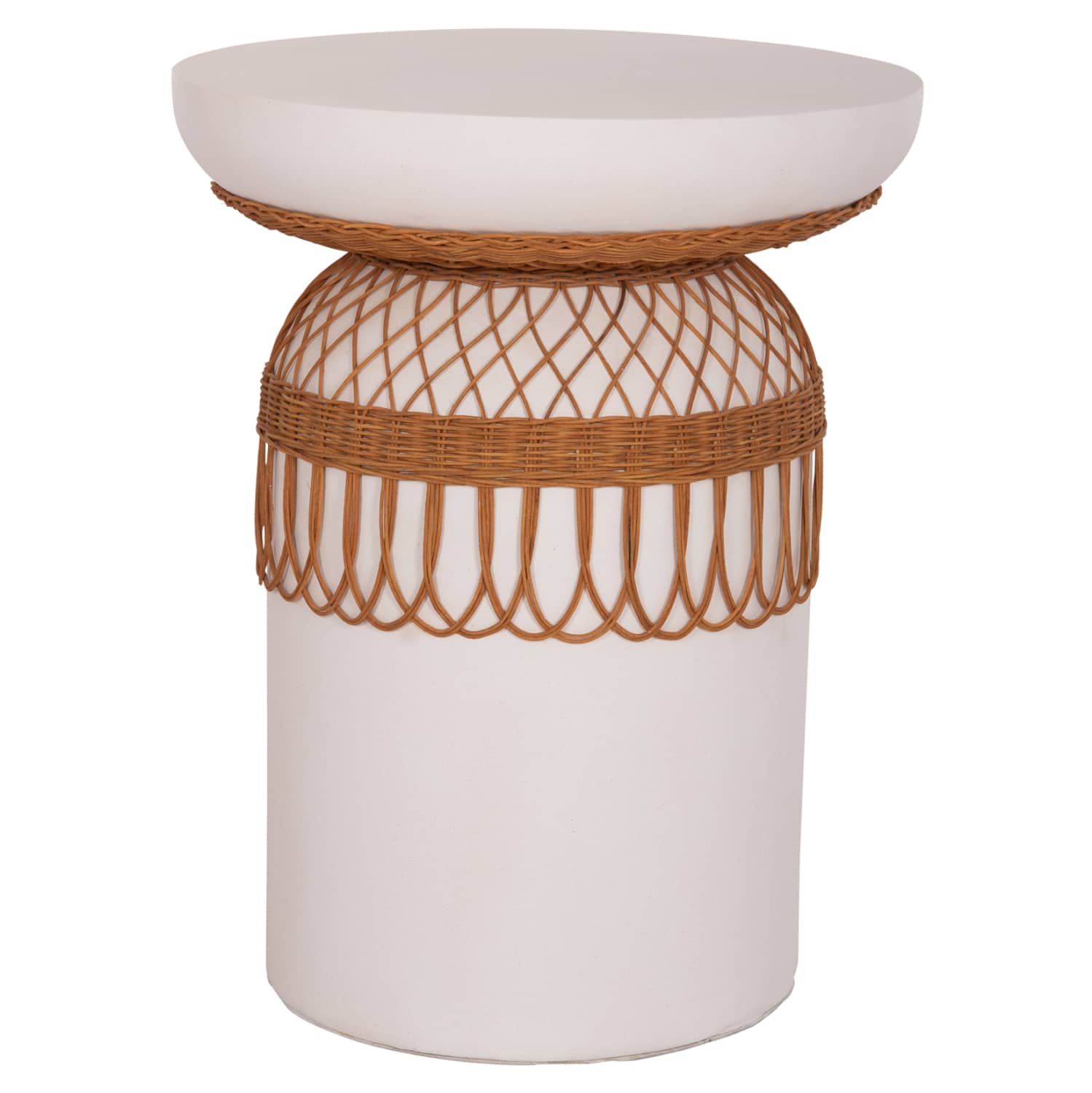 HM18159.02 ΒΟΗΘΗΤΙΚΟ ΤΡΑΠΕΖΙ PRILEP HM18159.02 FIBER CEMENT ΛΕΥΚΟ & RATTAN--Φ60x76,5Υεκ - Image 1