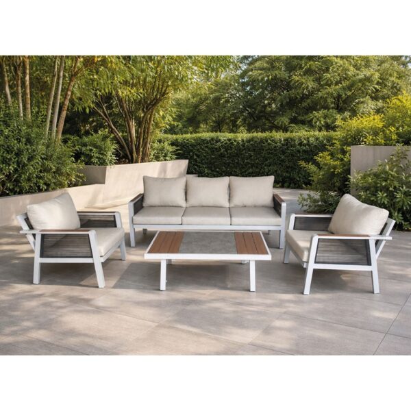 TORO Set Σαλόνι Κήπου 4τεμ, Alu Άσπρο, Rope Wicker Ανθρακί , Polywood Φυσικό, Μαξ.Εκρού 203x84x75-75x84x75-120x65x40cm - Image 2