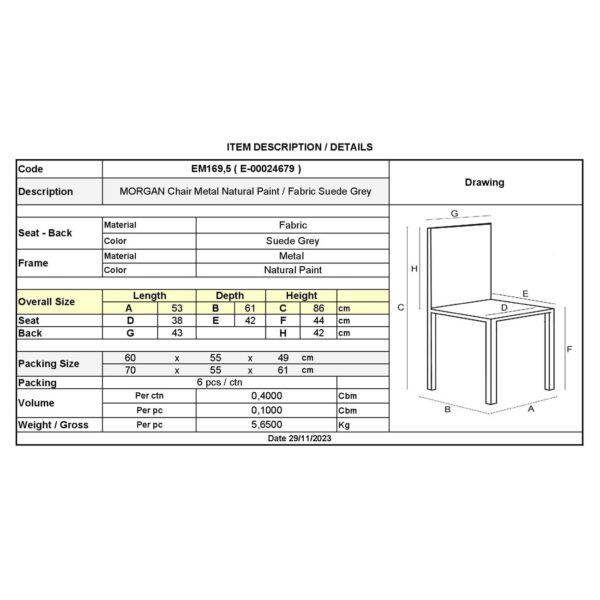 MORGAN Καρέκλα Τραπεζαρίας Σαλονιού, Μέταλλο Βαφή Φυσικό, Ύφασμα Suede Ανθρακί 53x61x86cm - Image 6