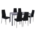 JETTA-DEGO Set Τραπεζαρία: Τραπέζι + 6 Καρέκλες, Μέταλλο Γκρι - Γυαλί Μαύρο - PVC Μαύρο Table:140x80x75 Chair:40x50x95