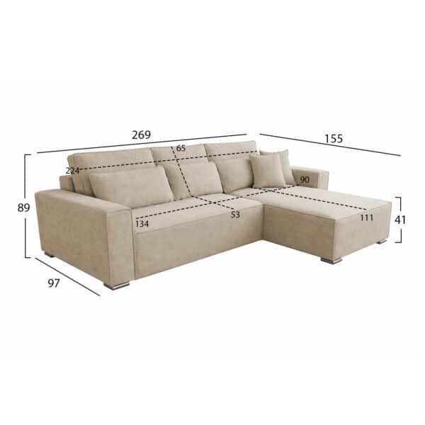 ΚΑΝΑΠΕΣ ΚΡΕΒΑΤΙ ΑΝΑΣΤΡΕΨΙΜH ΓΩΝΙΑ CORNERA HM3335.03 ΜΠΕΖ ΥΦΑΣΜΑ 269x155x89Yεκ - Image 2
