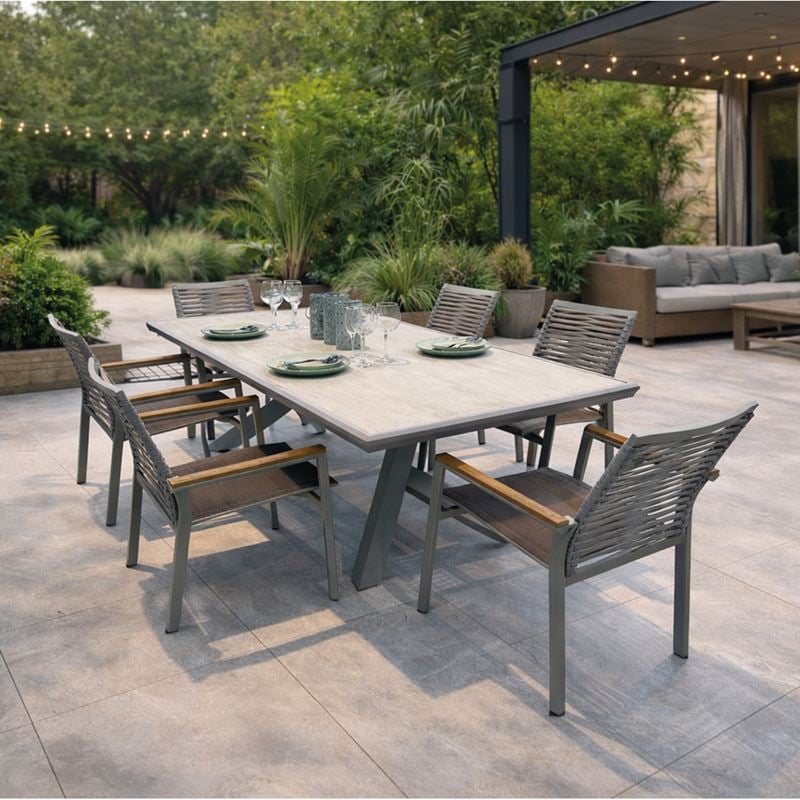 sierra-set-trapezaria-trapezi-6-polythrones-alouminio-gkri-epifaneia-psp-white-oak-enlarge SIERRA Set Τραπεζαρία: Τραπέζι +6 Πολυθρόνες, Αλουμίνιο Γκρι, Επιφάνεια PSP White Oak Table:210x97x74 Chair:56x65x87 - Image 1