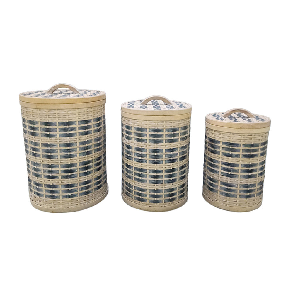 032049-XBS3Y-first-_1 TELENDOS ΚΑΛΑΘΙ ΜΕ ΚΑΠΑΚΙ SET 3ΤΜΧ 36x36x52cm ΞΥΛΟ ΕΛΑΤΟΥ WHITE WASHED ΜΠΛΕ ΥΦΑΣΜΑ 032049 - Image 1