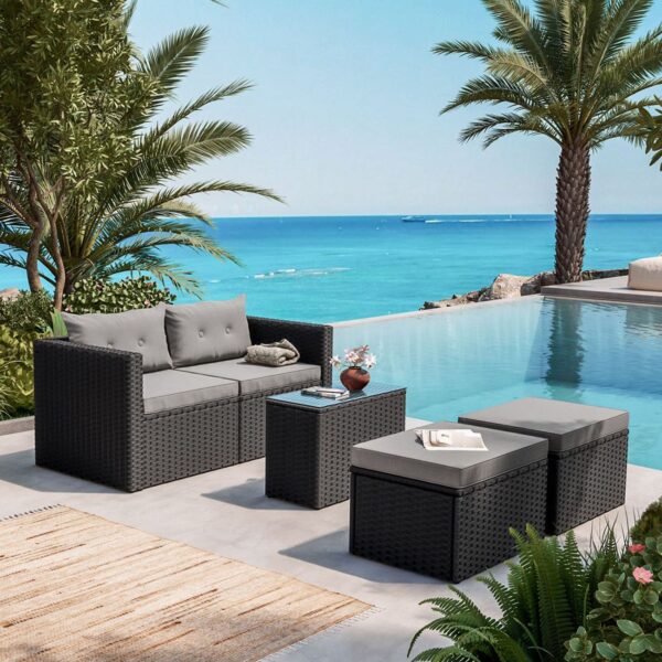 JAKARTA Set Σαλόνι Κήπου K/D, Πολυμορφικό 5τ, Μέταλλο-Wicker Μαύρο, Μαξιλάρια Γκρι 2 Πολυθρ+2 Σκαμπό+1 Τραπεζάκι - Image 2