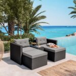 JAKARTA Set Σαλόνι Κήπου K/D, Πολυμορφικό 5τ, Μέταλλο-Wicker Μαύρο, Μαξιλάρια Γκρι 2 Πολυθρ+2 Σκαμπό+1 Τραπεζάκι - Image 3