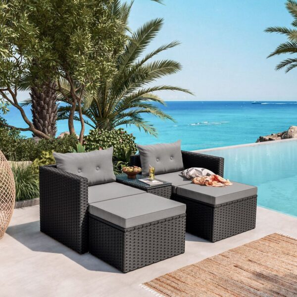 JAKARTA Set Σαλόνι Κήπου K/D, Πολυμορφικό 5τ, Μέταλλο-Wicker Μαύρο, Μαξιλάρια Γκρι 2 Πολυθρ+2 Σκαμπό+1 Τραπεζάκι - Image 3