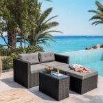 JAKARTA Set Σαλόνι Κήπου K/D, Πολυμορφικό 5τ, Μέταλλο-Wicker Μαύρο, Μαξιλάρια Γκρι 2 Πολυθρ+2 Σκαμπό+1 Τραπεζάκι - Image 4