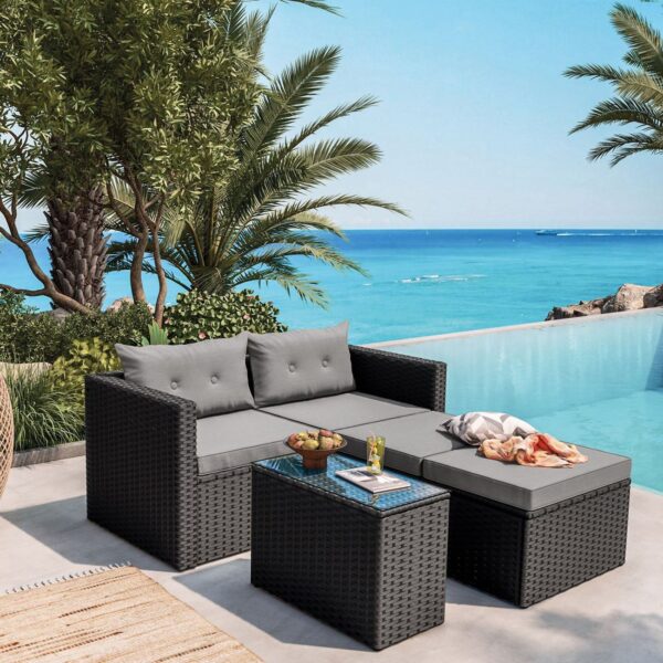 JAKARTA Set Σαλόνι Κήπου K/D, Πολυμορφικό 5τ, Μέταλλο-Wicker Μαύρο, Μαξιλάρια Γκρι 2 Πολυθρ+2 Σκαμπό+1 Τραπεζάκι - Image 4